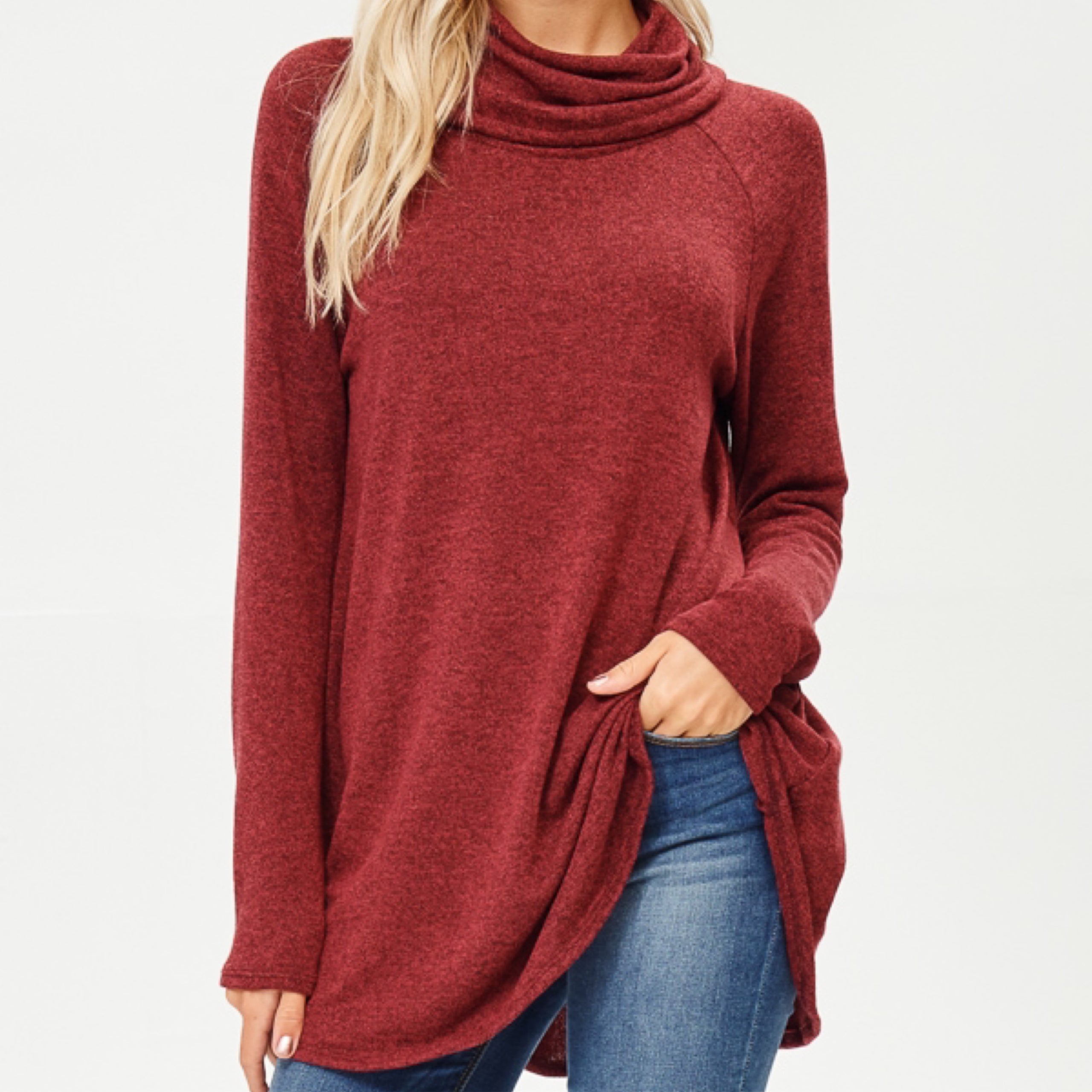 Cowl Neck Long Sleeve Sweater - Burgundy | MK Boutique